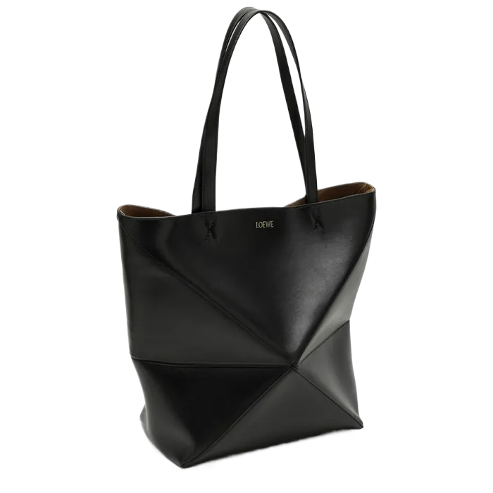 Medium Puzzle Fold tote in shiny calfskin Black