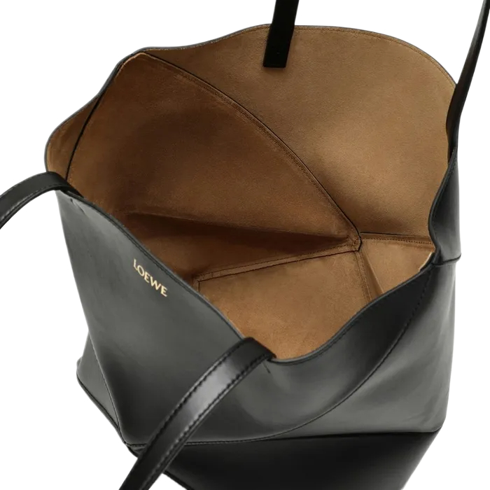 Medium Puzzle Fold tote in shiny calfskin Black