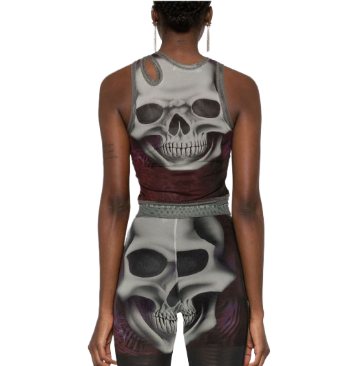 Skull-print cut-out mesh tank top