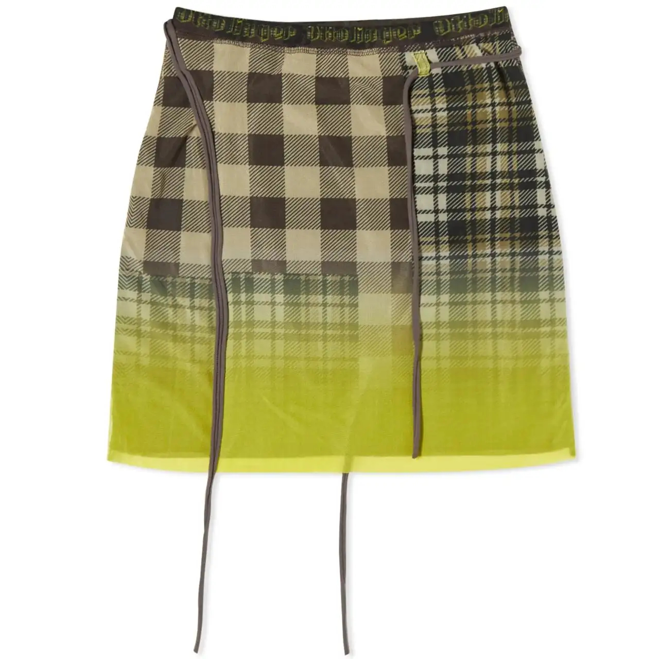 Drawstring plaid mesh wrap skirt