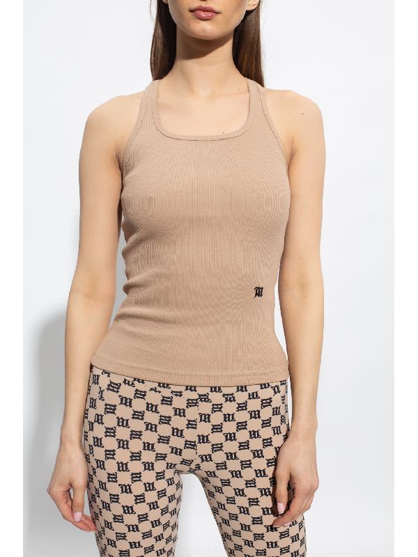 Logo-embroidered beige sleeveless top