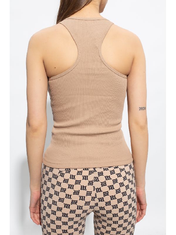 Logo-embroidered beige sleeveless top