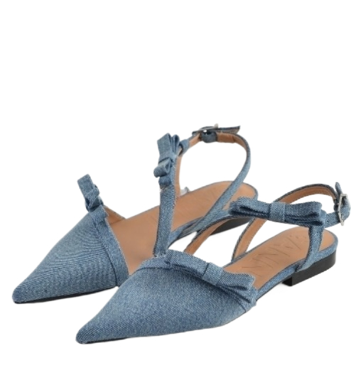 Denim multi-bow pointy cut-out ballerina shoes