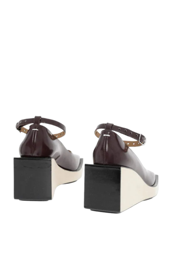 MM22 Patent Leather Ankle Strap Wedge with Wood Sole