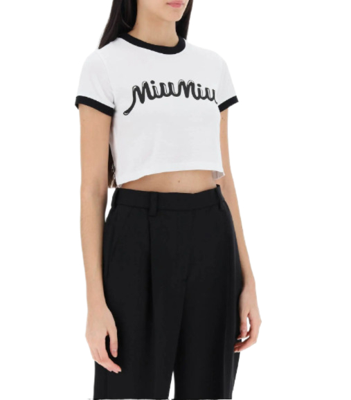 Women's Logo Printed Crop Short Sleeve T-Shirt - White:Black