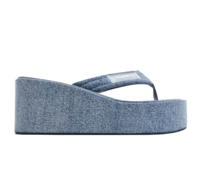 Logo denim wedge flip flops