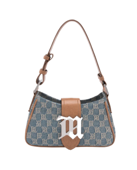 Logo buckle monogram denim shoulder bag