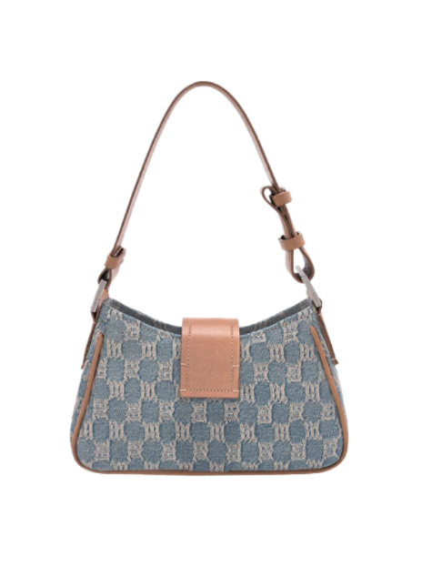 Logo buckle monogram denim shoulder bag