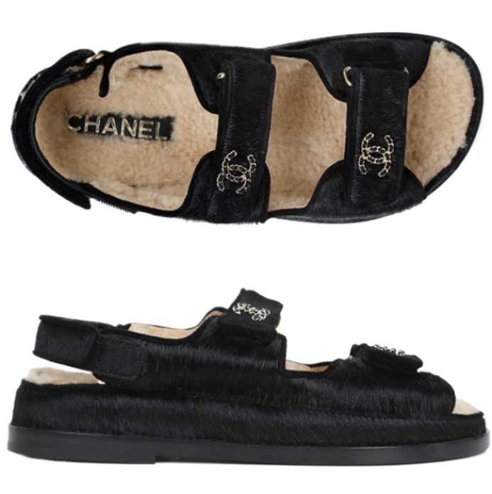 Black CC Velcro Velcro Shearling Strap Sandals