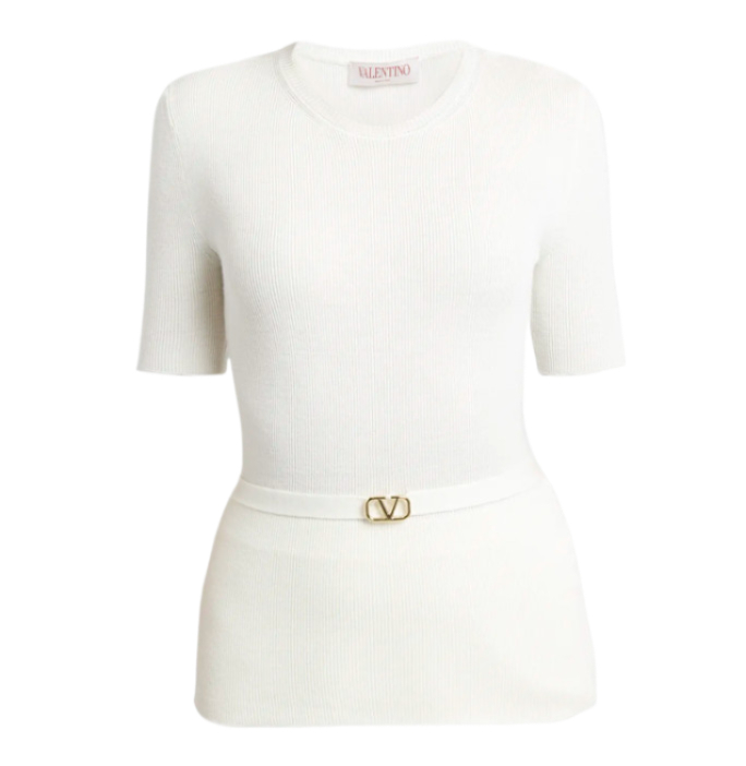 V logo belted wool sweater