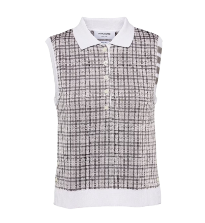 Check Silk Cotton 4 Bar Sleeveless Polo