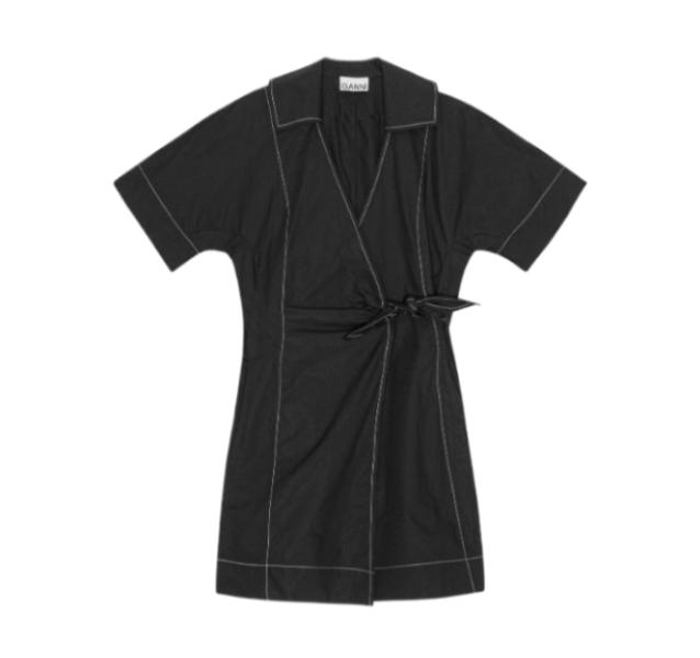 Black Cotton Poplin Wrap Mini Dress