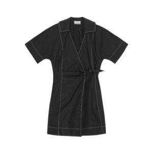 Black Cotton Poplin Wrap Mini Dress