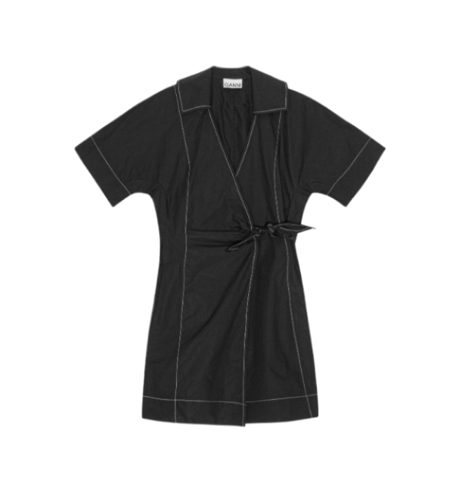 Black Cotton Poplin Wrap Mini Dress