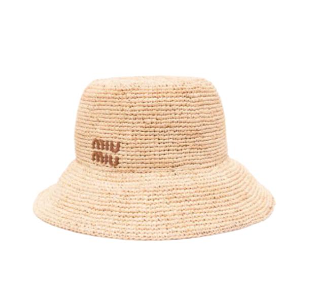 Logo embroidered raffia bucket hat beige