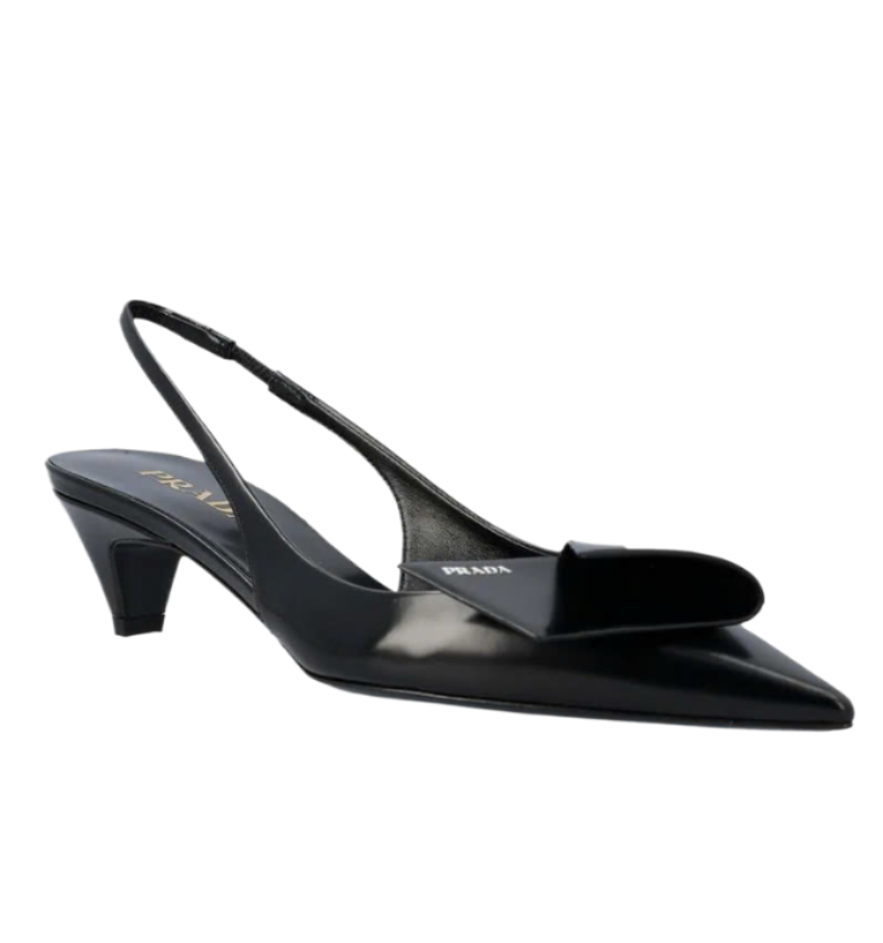 Folded logo decorated toe slingback heel