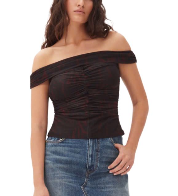 24FWPRINTED MESH OFF-SHOULDER RUCHED TOP