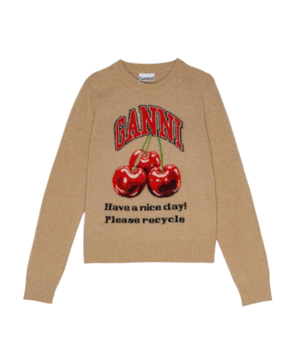 Camel Graphic Wool Mix Cherry Crewneck Pullover