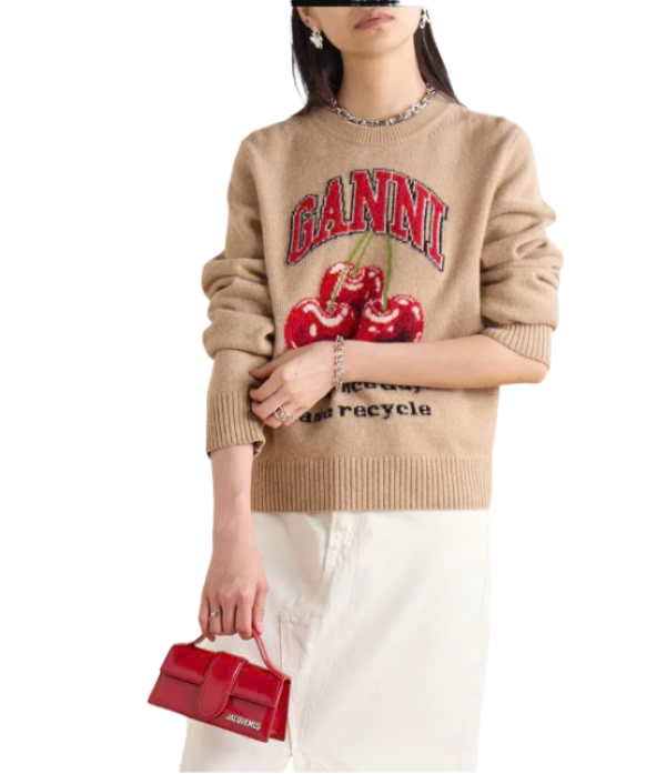 Camel Graphic Wool Mix Cherry Crewneck Pullover