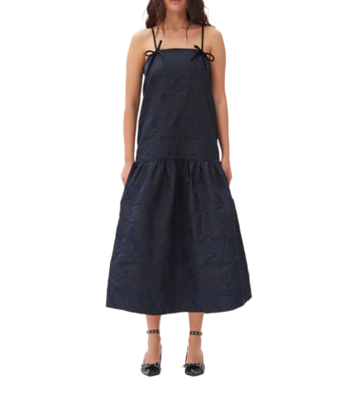 Navy Blue Botanical Jacquard Strap Midi Dress