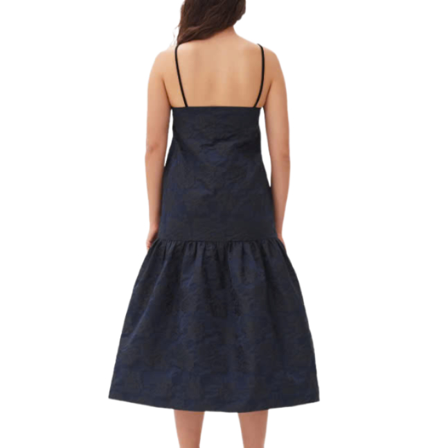 Navy Blue Botanical Jacquard Strap Midi Dress