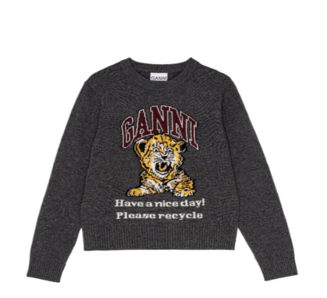 Dark Grey Graphic Wool Mix Tiger Crewneck Pullover