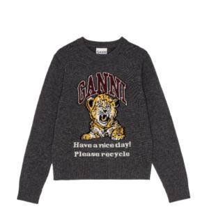 Dark Grey Graphic Wool Mix Tiger Crewneck Pullover