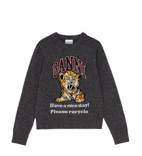 Dark Grey Graphic Wool Mix Tiger Crewneck Pullover