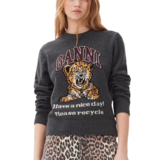 Dark Grey Graphic Wool Mix Tiger Crewneck Pullover