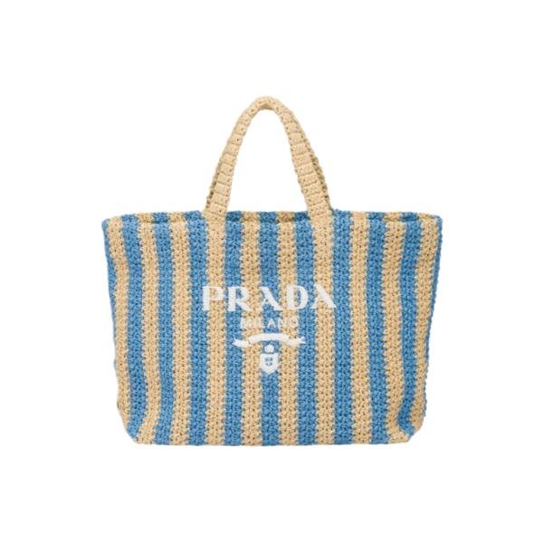 Prada Large Raffia Tote Bag Tan Light Blue