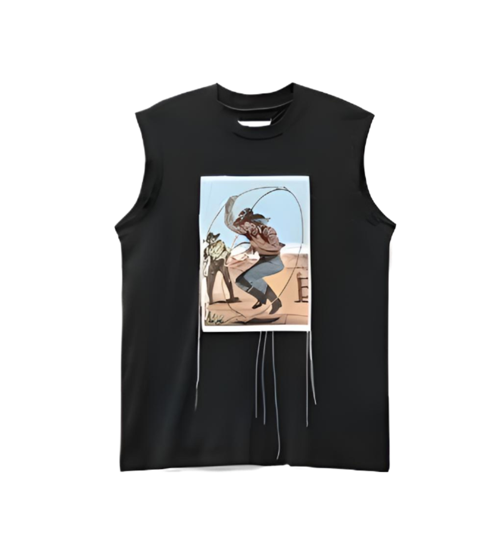 Cowboy Print Sleeveless T-Shirt - Washed Black