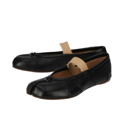 Tabi Ballerina Elastic Band Flat Shoes - Black:Nude