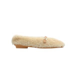 NOELLA Fluffy Leather Strap Flat Shoes