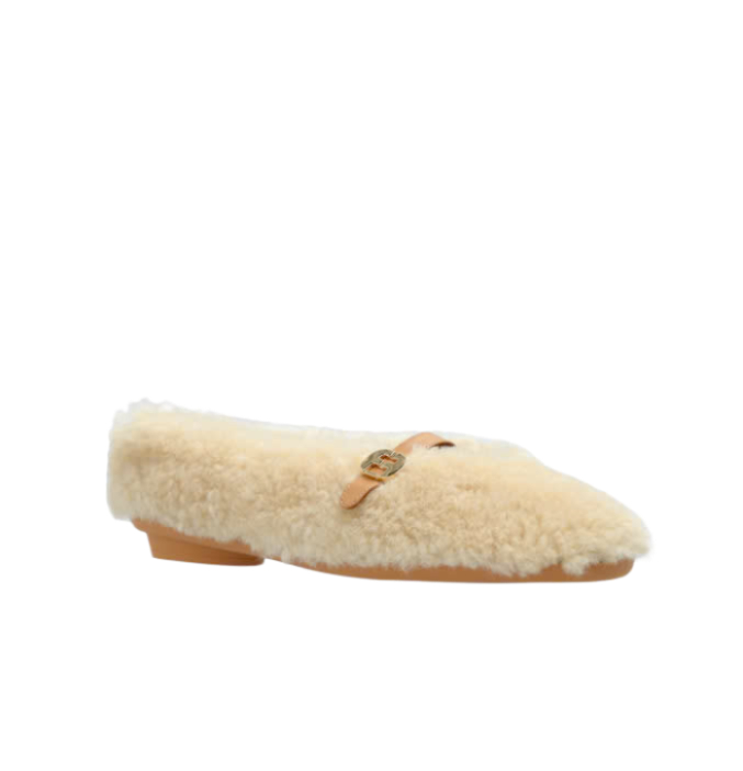 NOELLA Fluffy Leather Strap Flat Shoes