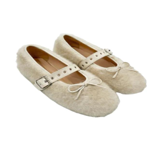 Buckle Fur Flat Shoes 