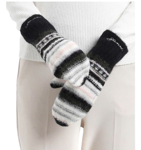 24FWBLACK STRIPED SOFT WOOL MITTENS