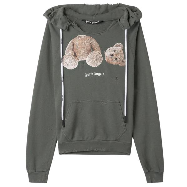 Distressed Bear Drawstring Hoodie - Khaki 