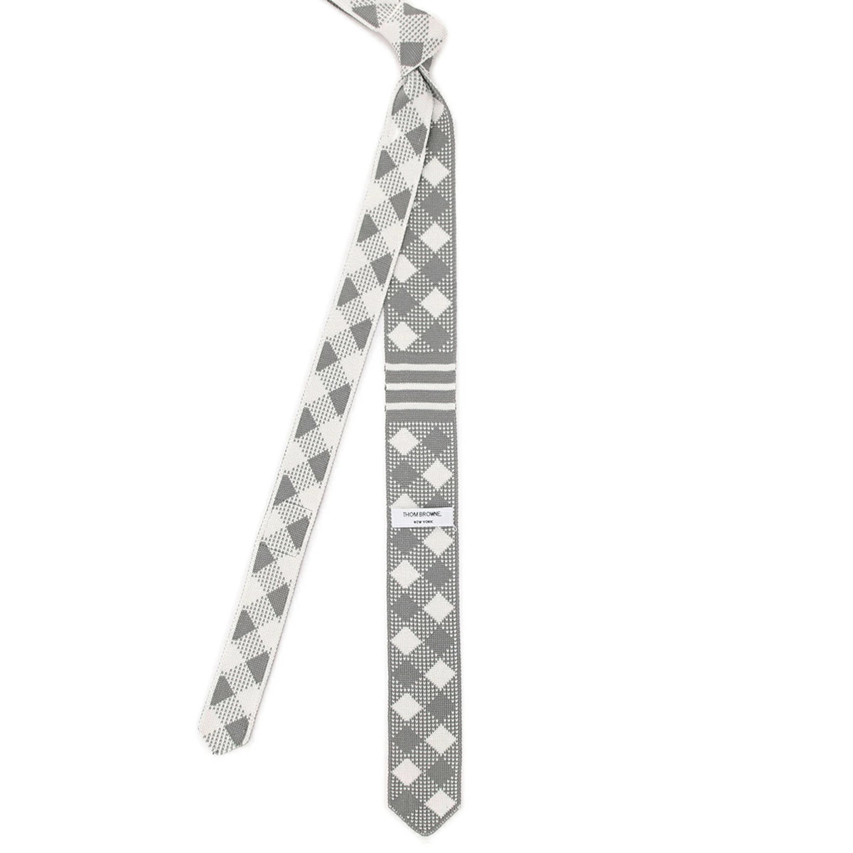 Knitted Silk Jacquard Gingham Check 4-Bar Tie Light Grey