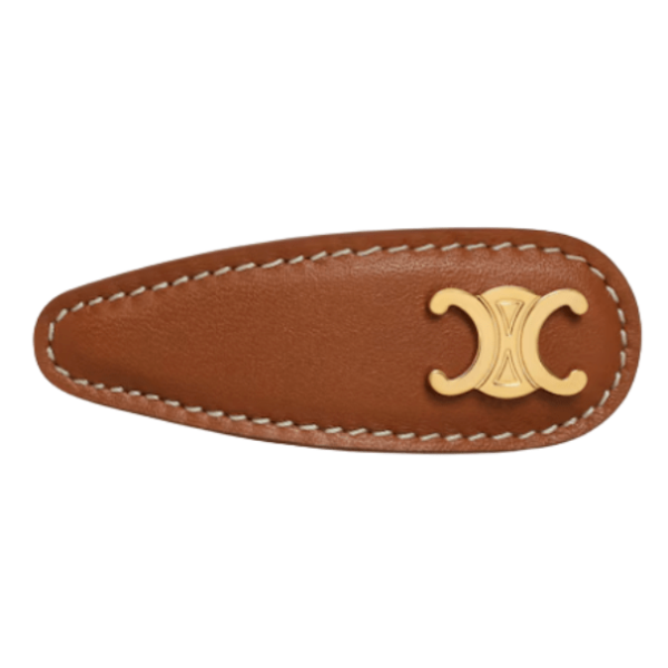 Triomphe Snap Hair Clip in Calfskin, Brass with Gold Finish and Steel