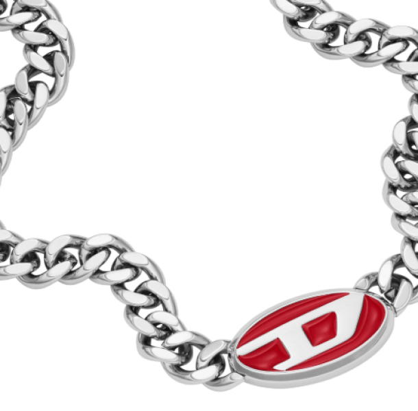 Diesel Dx1446 Red Enamel Stainless Steel Chain Necklace Silver