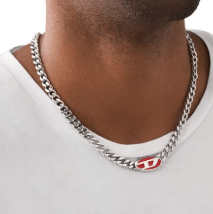 Diesel Dx1446 Red Enamel Stainless Steel Chain Necklace Silver