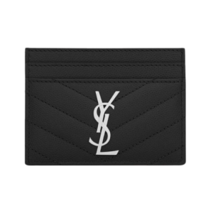 Saint Laurent Cassandre Matelasse Card Case in Grain De Poudre Embossed Leather Silver Black