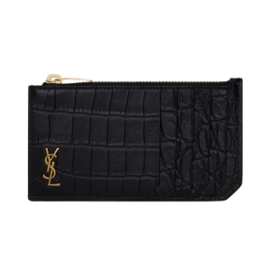 Saint Laurent Tiny Cassandre Fragments Zip Card Case in Crocodile Embossed Matte Leather Black