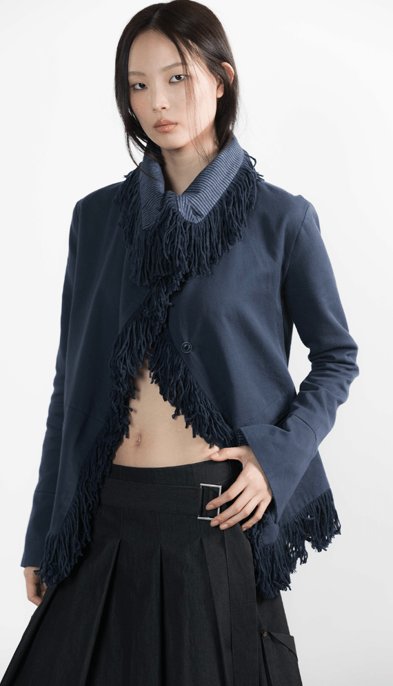 WET TAG High Neck Fringe Cotton Jacket Navy