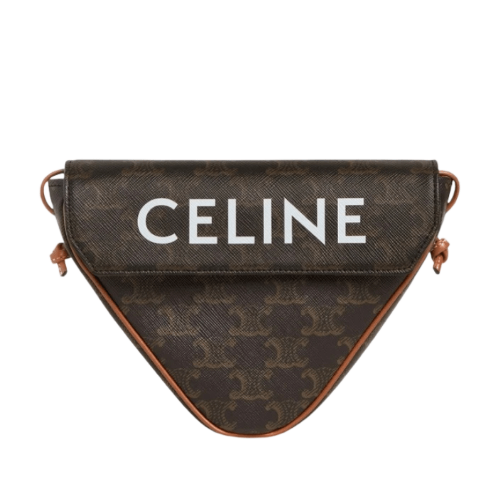 Celine Triangle Bag in Triomphe Canvas with Celine Print Tan