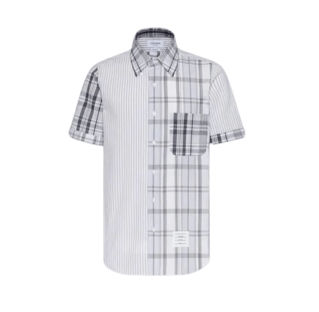 Thom Browne Fun-Mix Madras Cotton Short Sleeve Shirt Grey