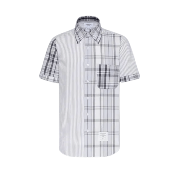 Thom Browne Fun-Mix Madras Cotton Short Sleeve Shirt Grey