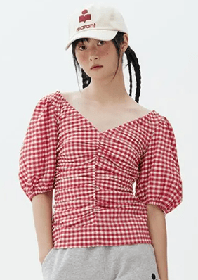 Gingham Check Seersucker Gathered Shirt - Red 