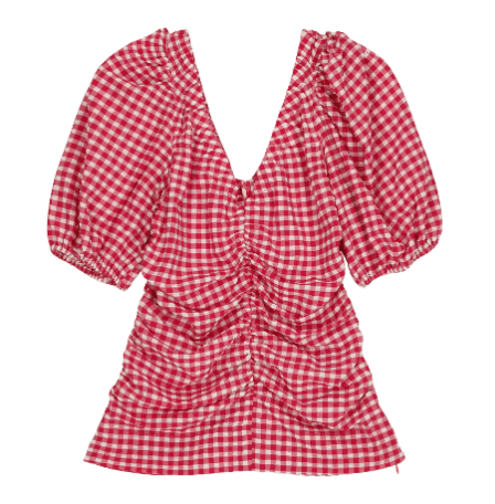 Gingham Check Seersucker Gathered Shirt - Red 