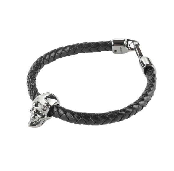 Alexander McQueen Silver Skull Leather Bracelet Black